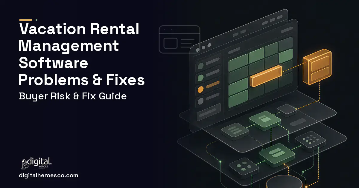 Vacation Rental Management Software product interface illustration showing common problems and fixes.