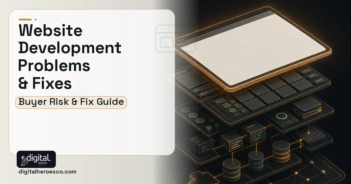 Website Development product interface illustration showing common problems and fixes.