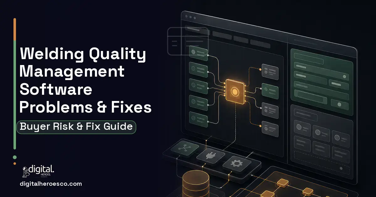 Welding Quality Management Software product interface illustration showing common problems and fixes.