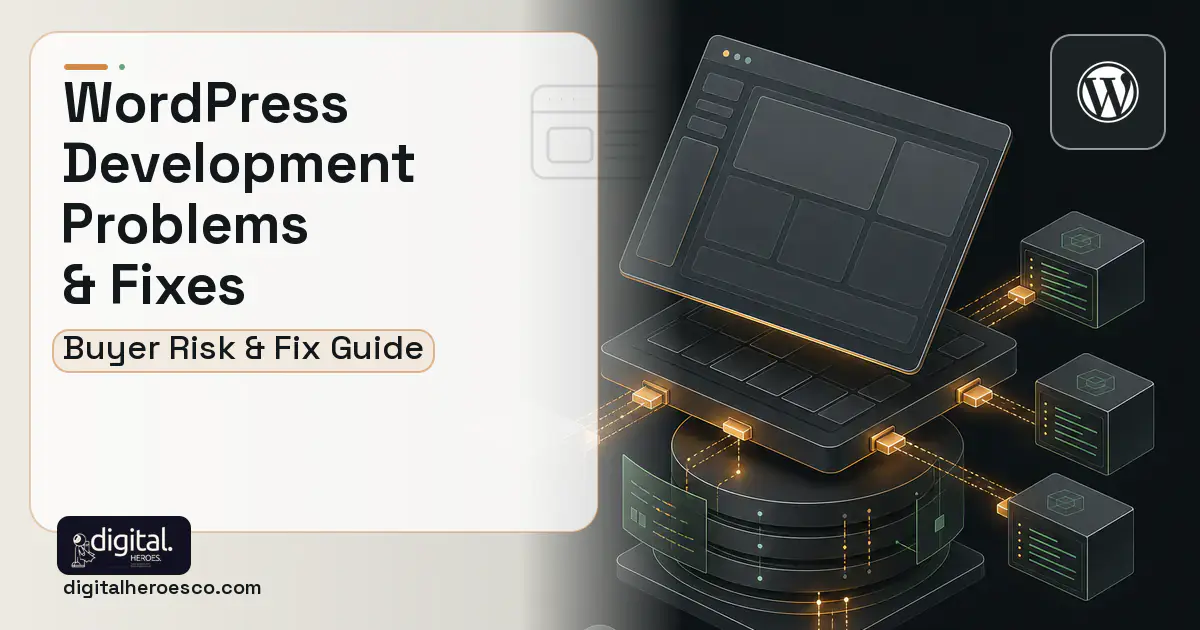 WordPress Development product interface illustration showing common problems and fixes.