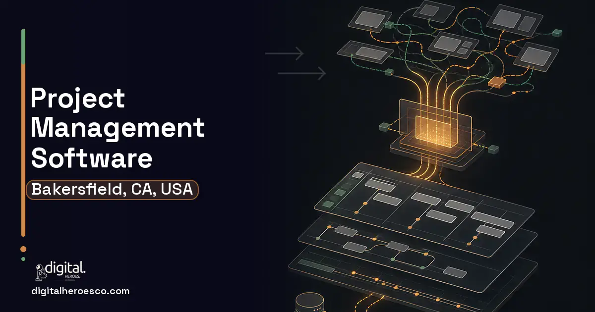 Project Management Software workflow illustration for Bakersfield, CA, USA.
