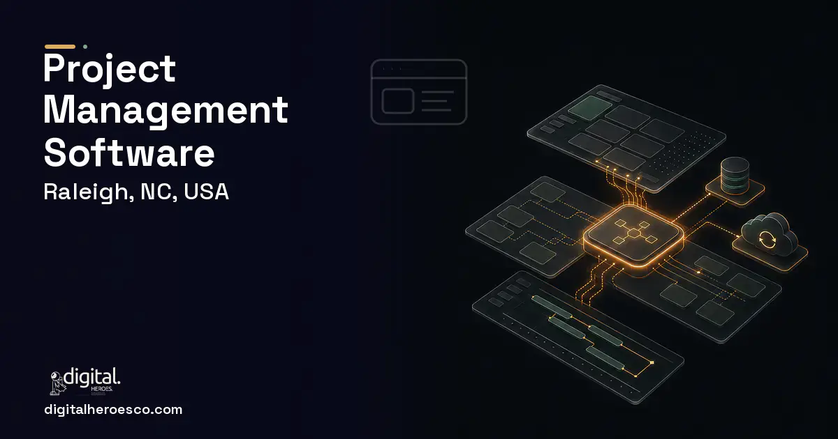 Project Management Software product interface illustration for Raleigh, NC, USA.