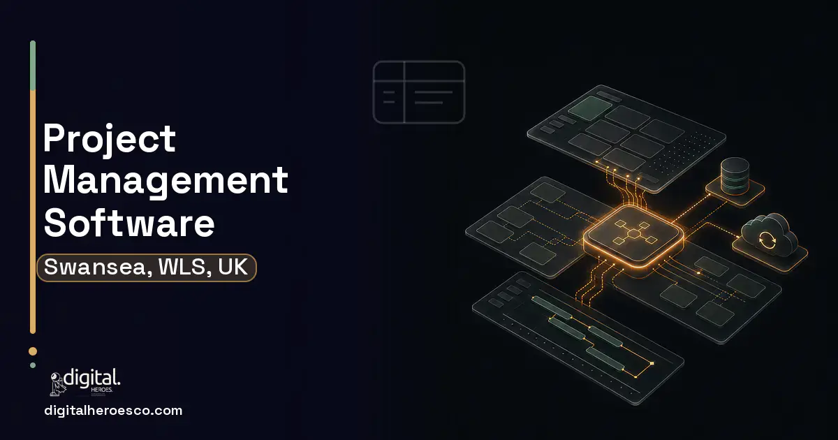 Project Management Software product interface illustration for Swansea, WLS, UK.