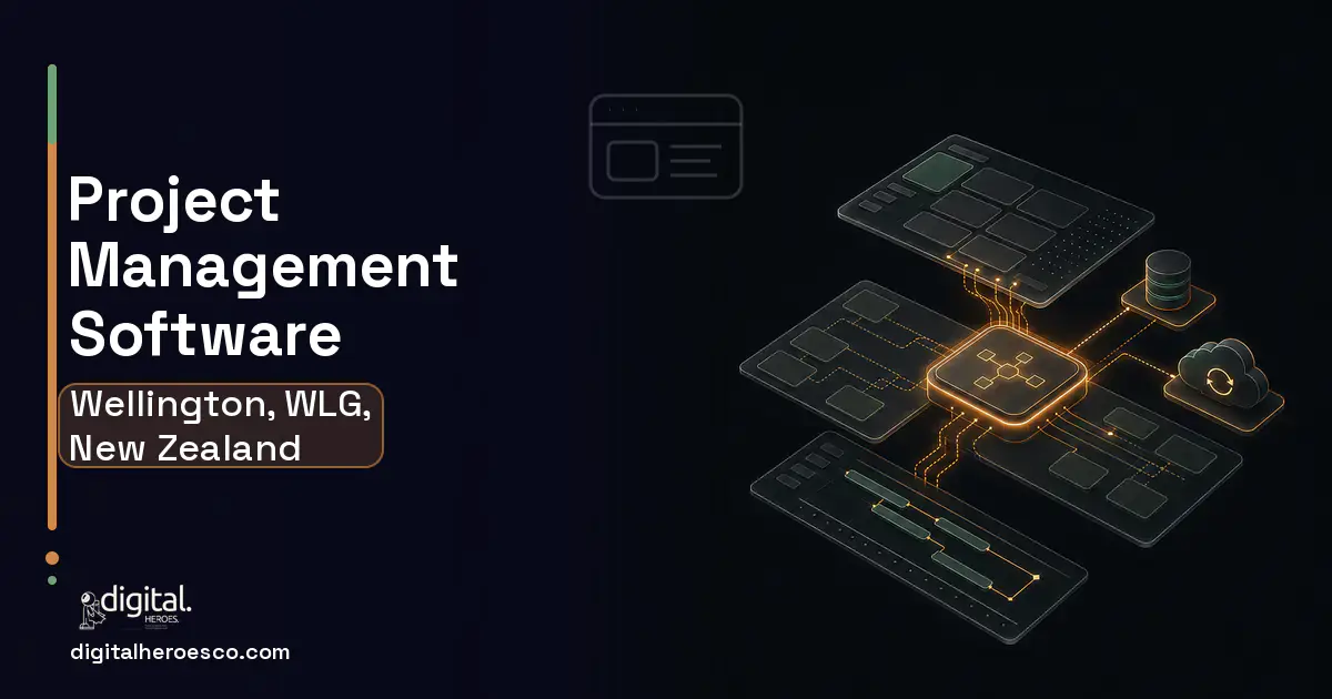 Project Management Software product interface illustration for Wellington, WLG, New Zealand.