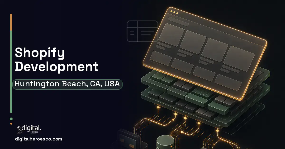Shopify Development product interface illustration for Huntington Beach, CA, USA.
