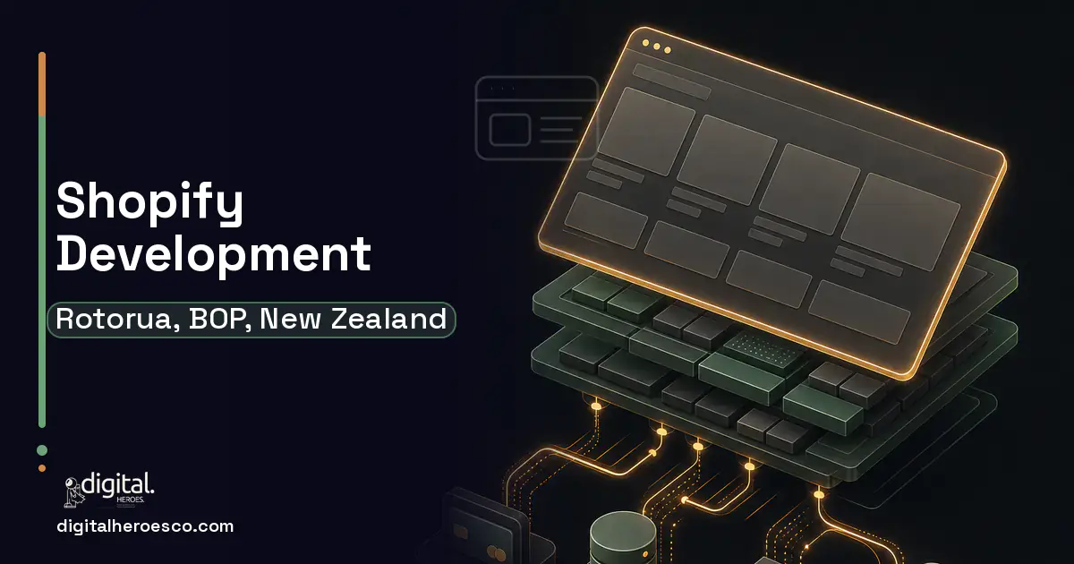 Shopify Development product interface illustration for Rotorua, BOP, New Zealand.