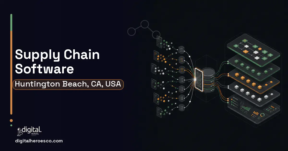 Supply Chain Software workflow illustration for Huntington Beach, CA, USA.