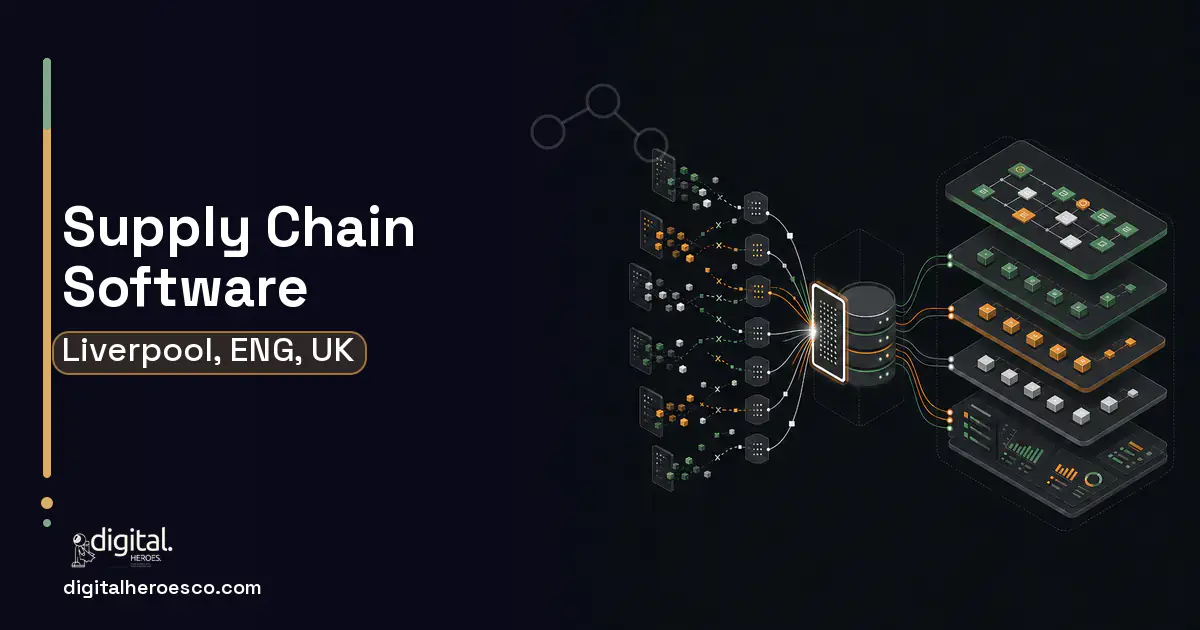 Supply Chain Software workflow illustration for Liverpool, ENG, UK.
