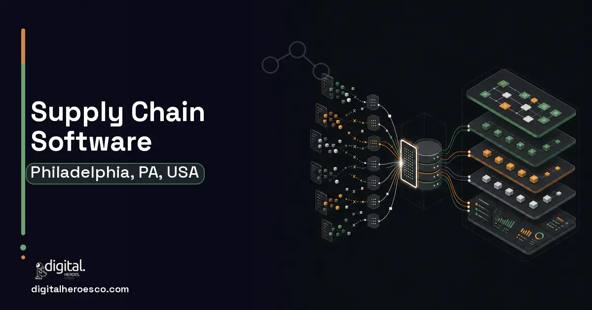 Supply Chain Software workflow illustration for Philadelphia, PA, USA.