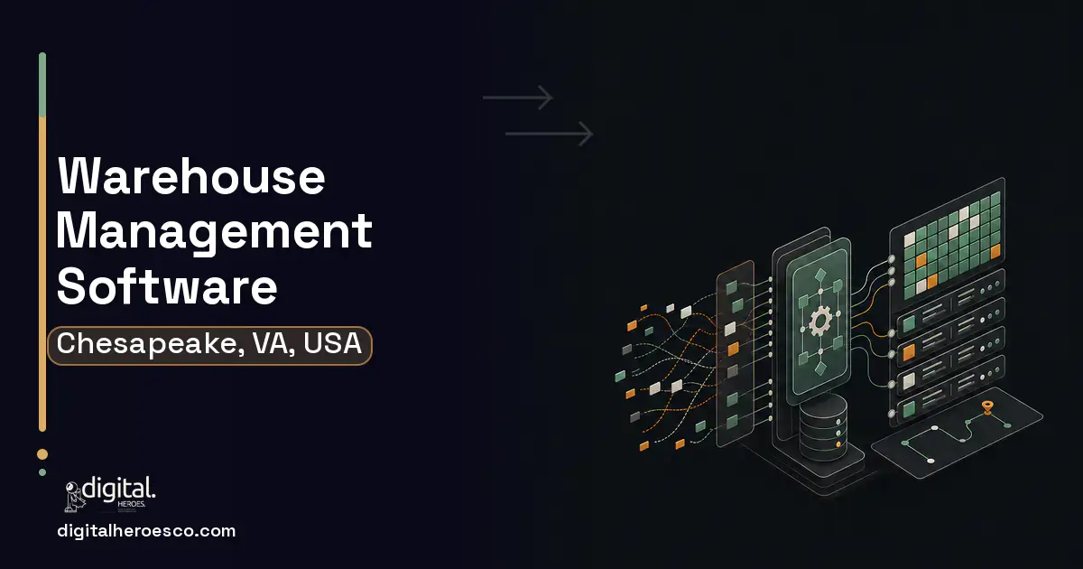 Warehouse Management Software workflow illustration for Chesapeake, VA, USA.