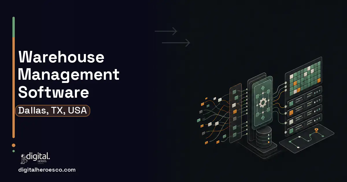 Warehouse Management Software workflow illustration for Dallas, TX, USA.
