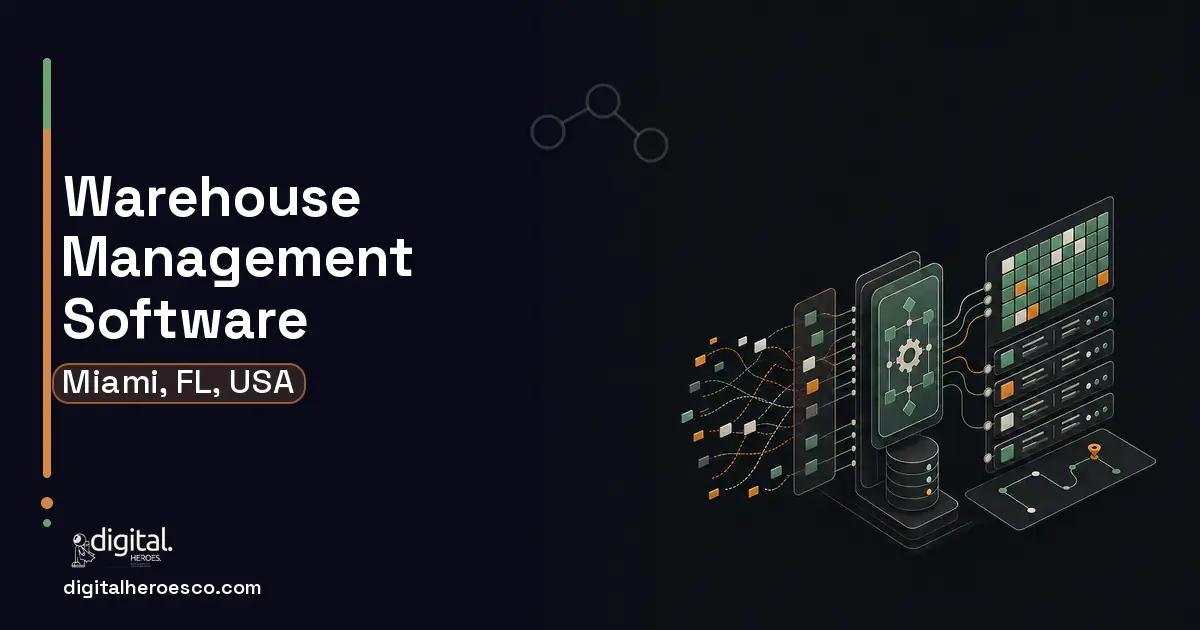 Warehouse Management Software workflow illustration for Miami, FL, USA.