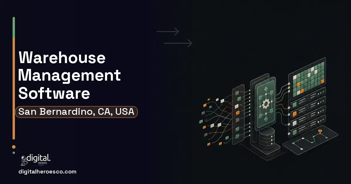 Warehouse Management Software workflow illustration for San Bernardino, CA, USA.