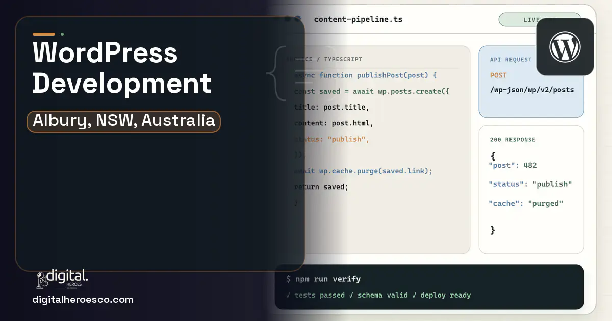 WordPress Development code editor and API illustration for Albury, NSW, Australia.