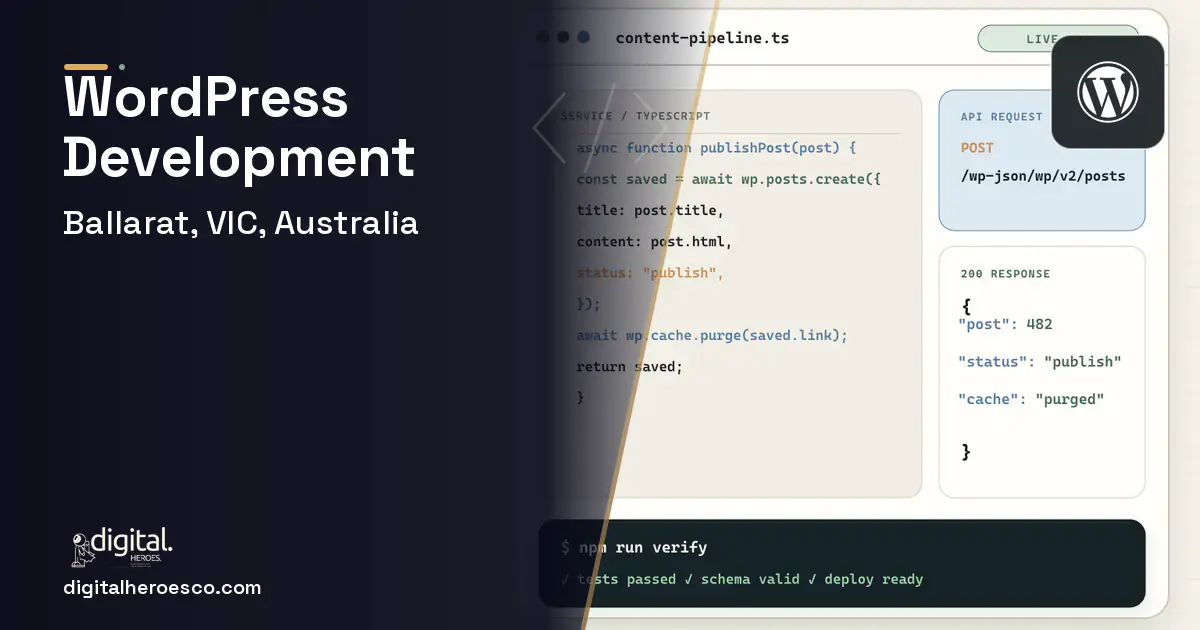 WordPress Development code editor and API illustration for Ballarat, VIC, Australia.