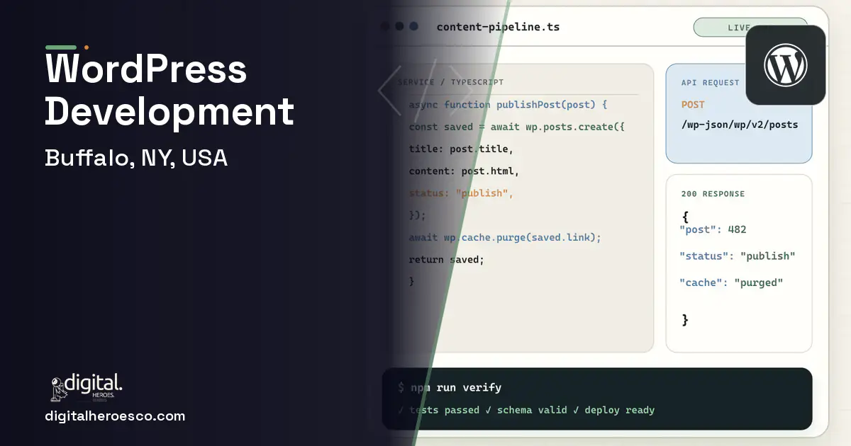 WordPress Development code editor and API illustration for Buffalo, NY, USA.