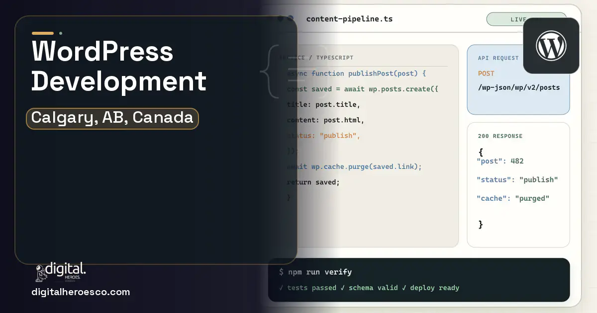 WordPress Development code editor and API illustration for Calgary, AB, Canada.
