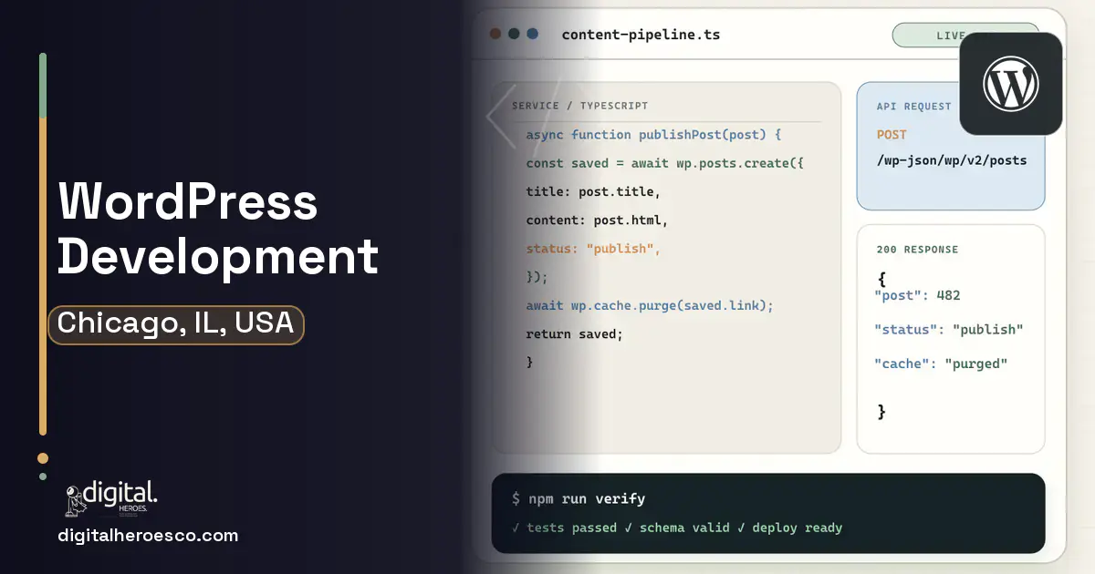 WordPress Development code editor and API illustration for Chicago, IL, USA.