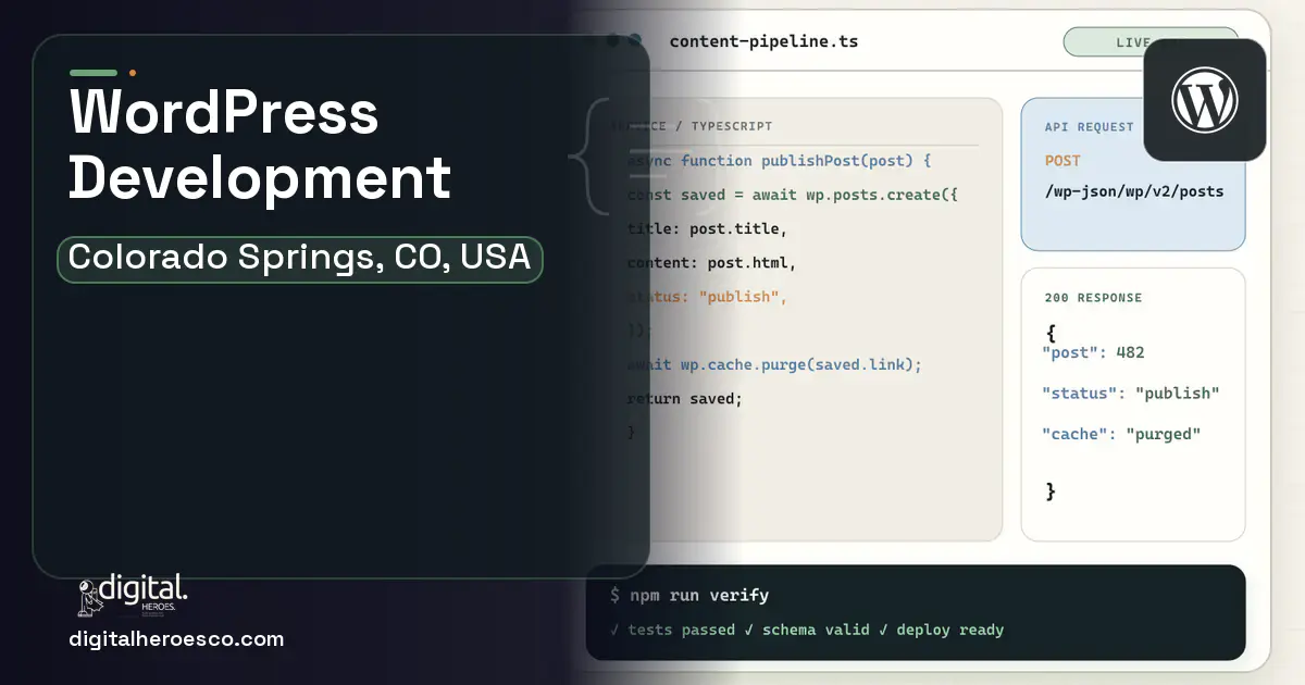 WordPress Development code editor and API illustration for Colorado Springs, CO, USA.