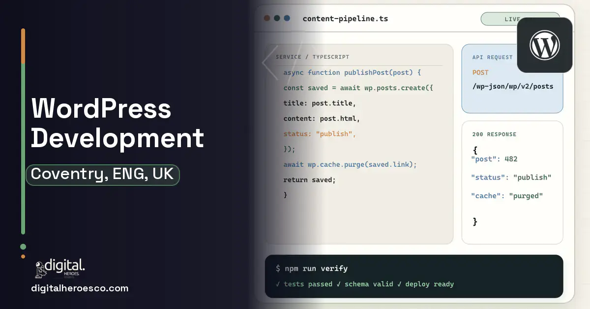WordPress Development code editor and API illustration for Coventry, ENG, UK.