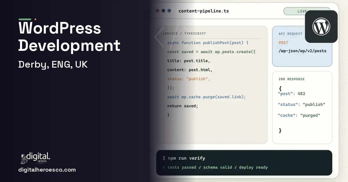 WordPress Development code editor and API illustration for Derby, ENG, UK.