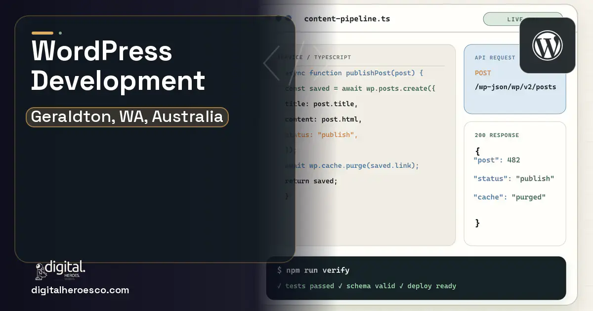 WordPress Development code editor and API illustration for Geraldton, WA, Australia.