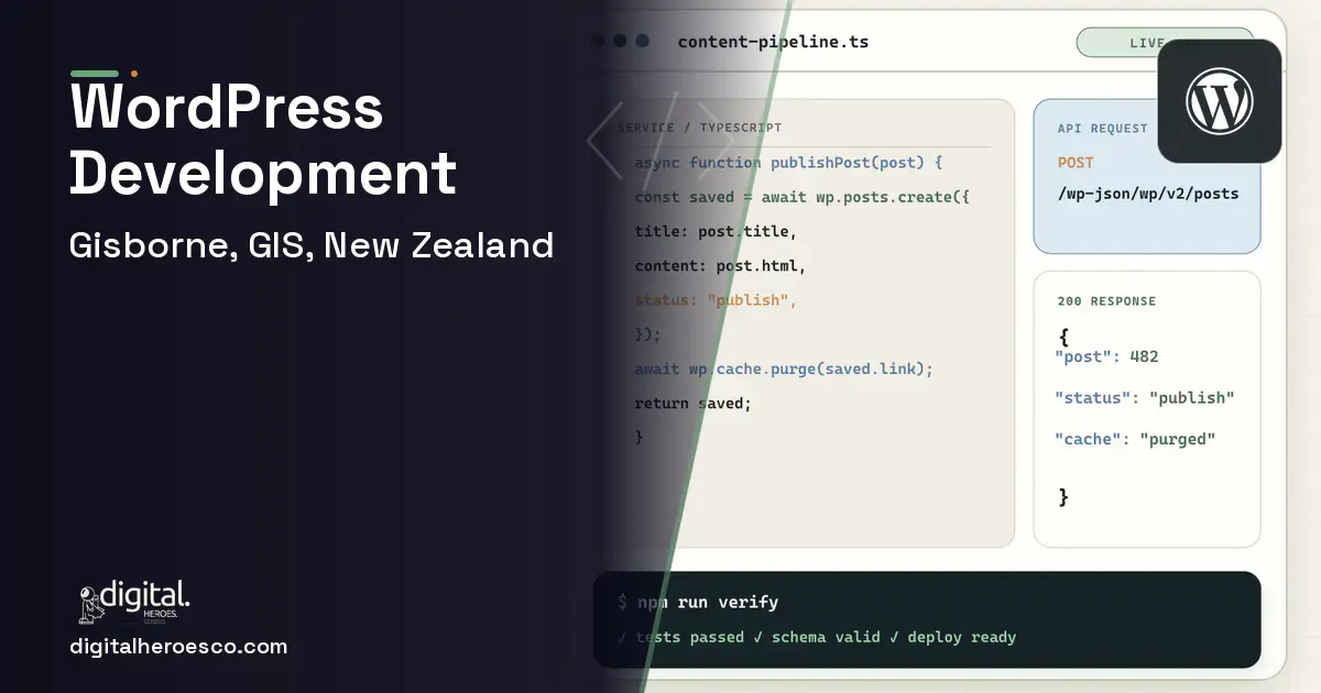 WordPress Development code editor and API illustration for Gisborne, GIS, New Zealand.