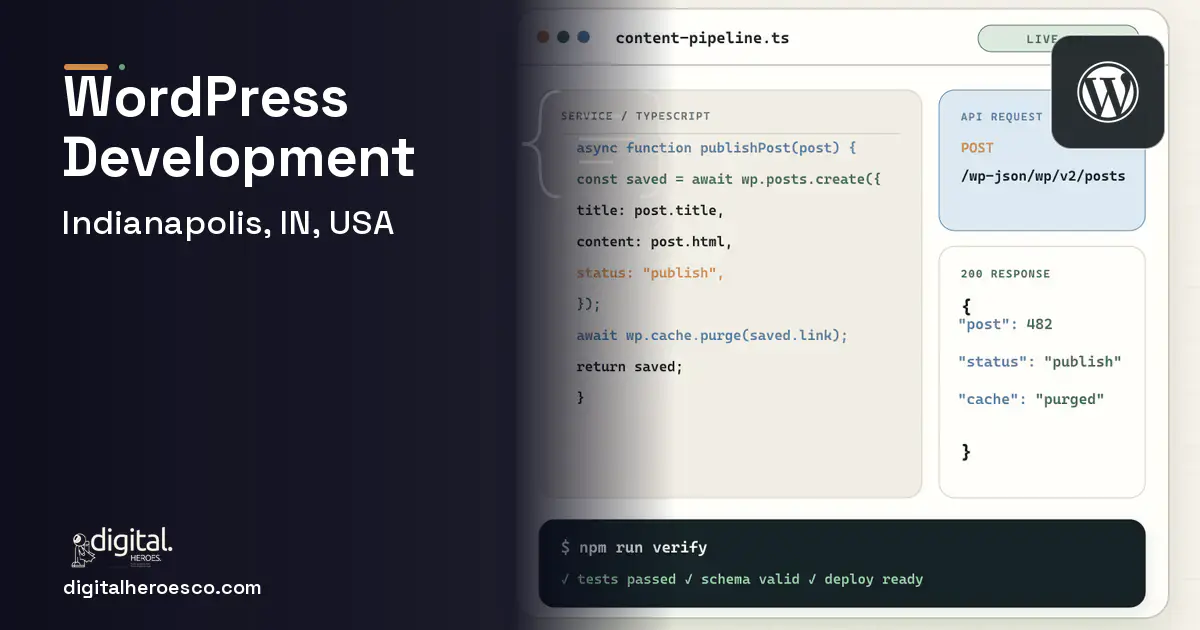 WordPress Development code editor and API illustration for Indianapolis, IN, USA.
