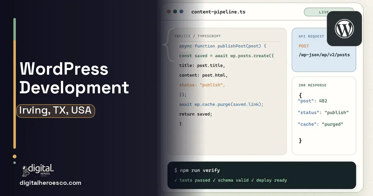 WordPress Development code editor and API illustration for Irving, TX, USA.