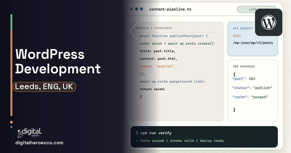 WordPress Development code editor and API illustration for Leeds, ENG, UK.