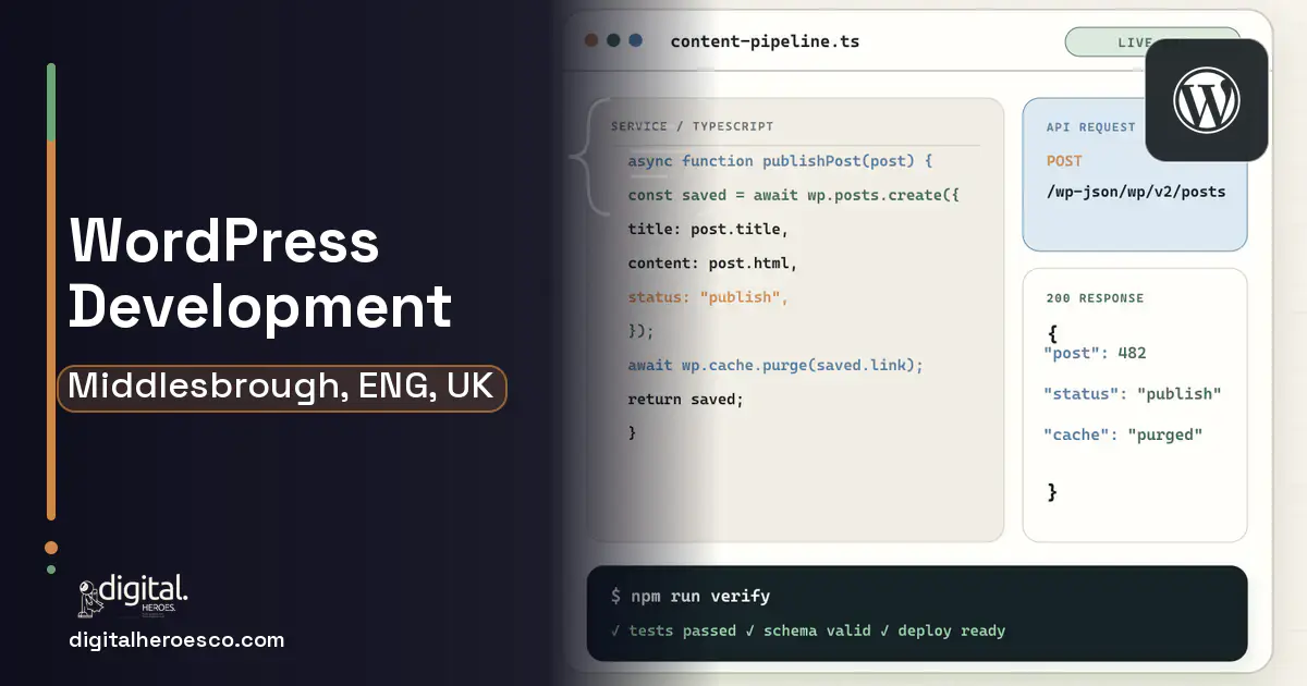 WordPress Development code editor and API illustration for Middlesbrough, ENG, UK.