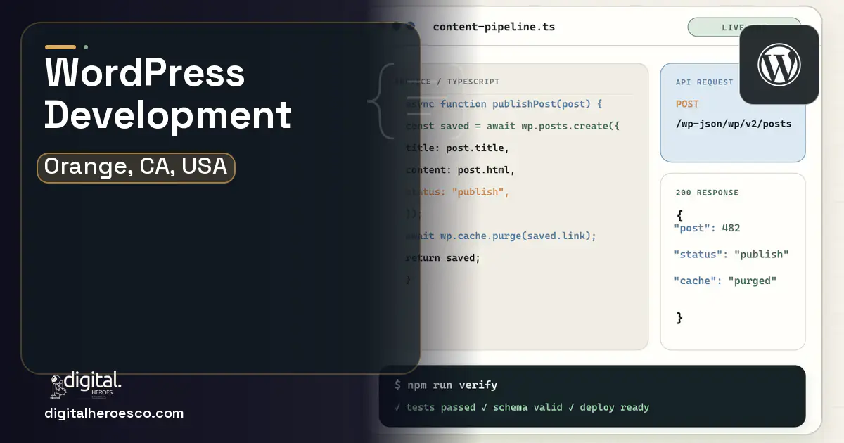 WordPress Development code editor and API illustration for Orange, CA, USA.