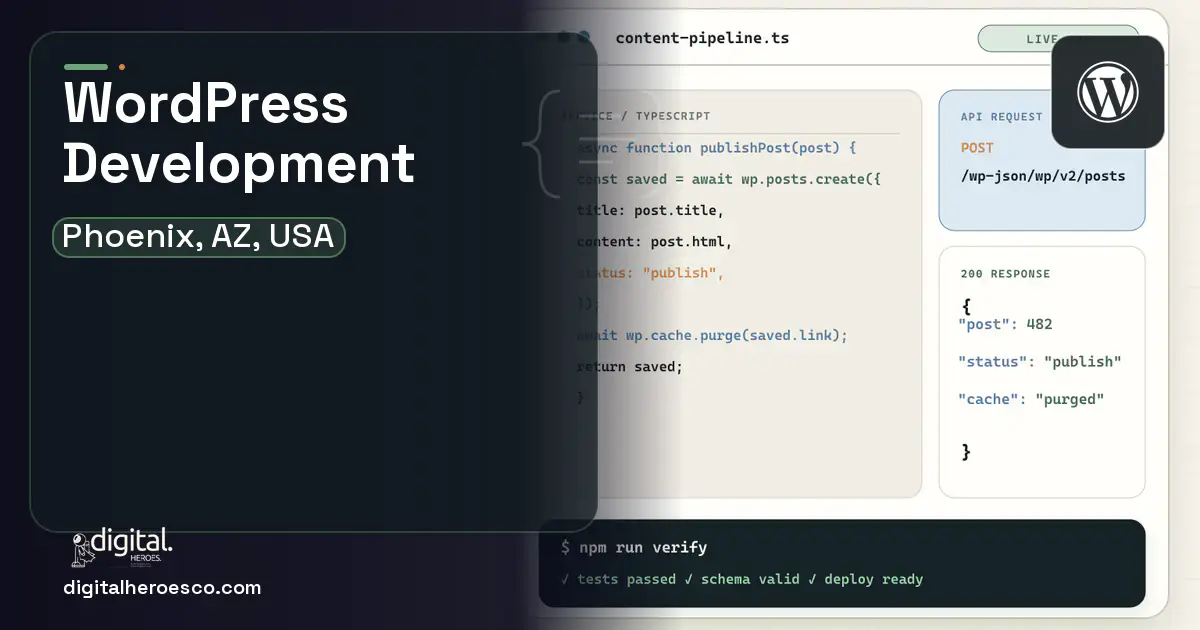 WordPress Development code editor and API illustration for Phoenix, AZ, USA.