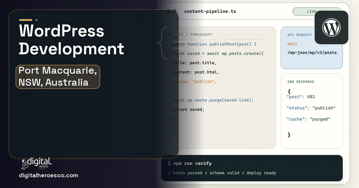 WordPress Development code editor and API illustration for Port Macquarie, NSW, Australia.