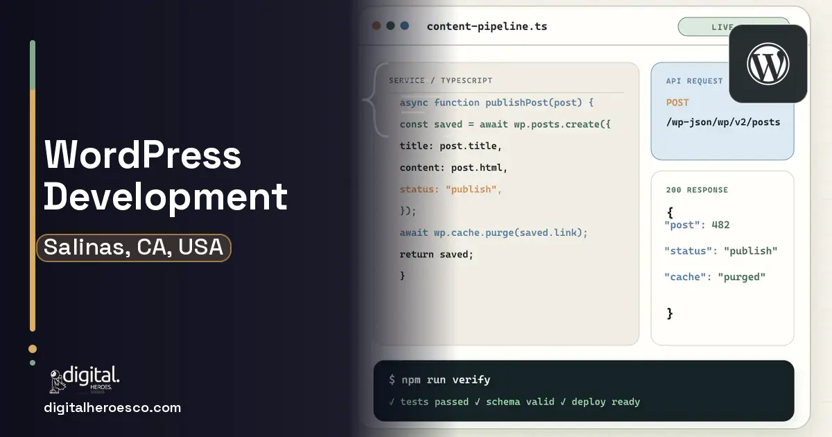 WordPress Development code editor and API illustration for Salinas, CA, USA.