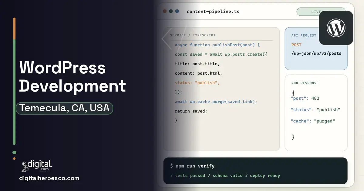 WordPress Development code editor and API illustration for Temecula, CA, USA.