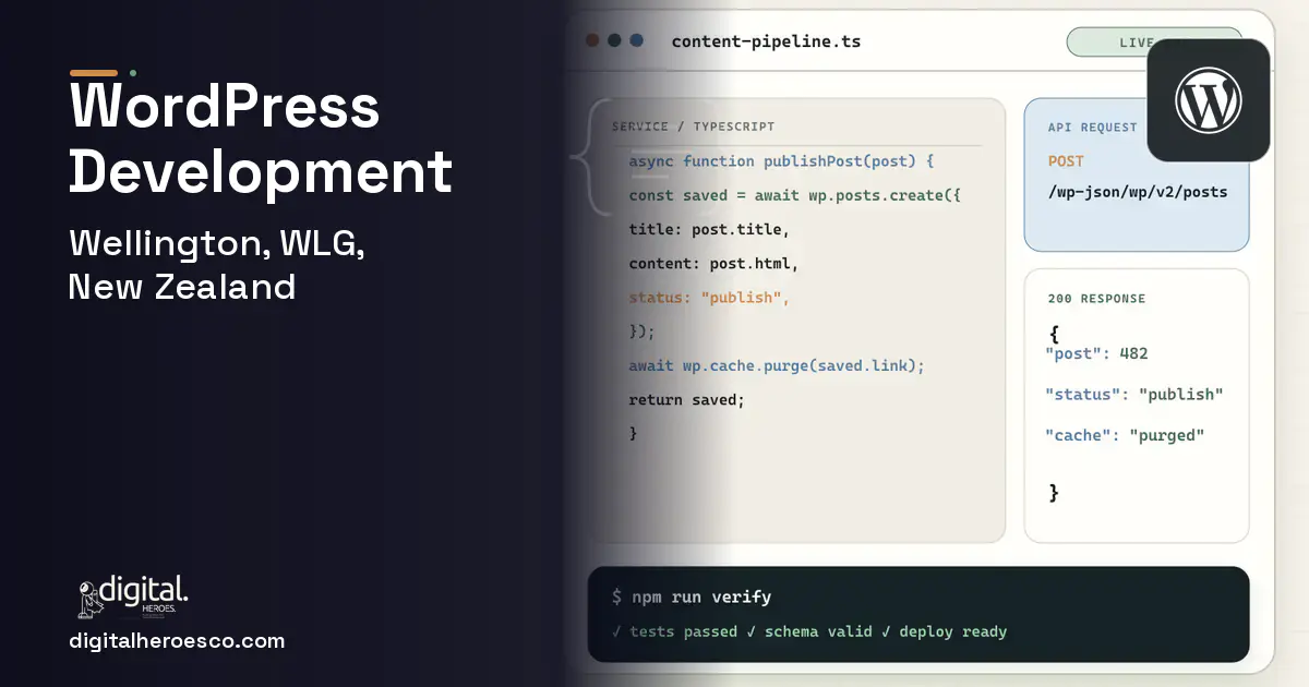 WordPress Development code editor and API illustration for Wellington, WLG, New Zealand.